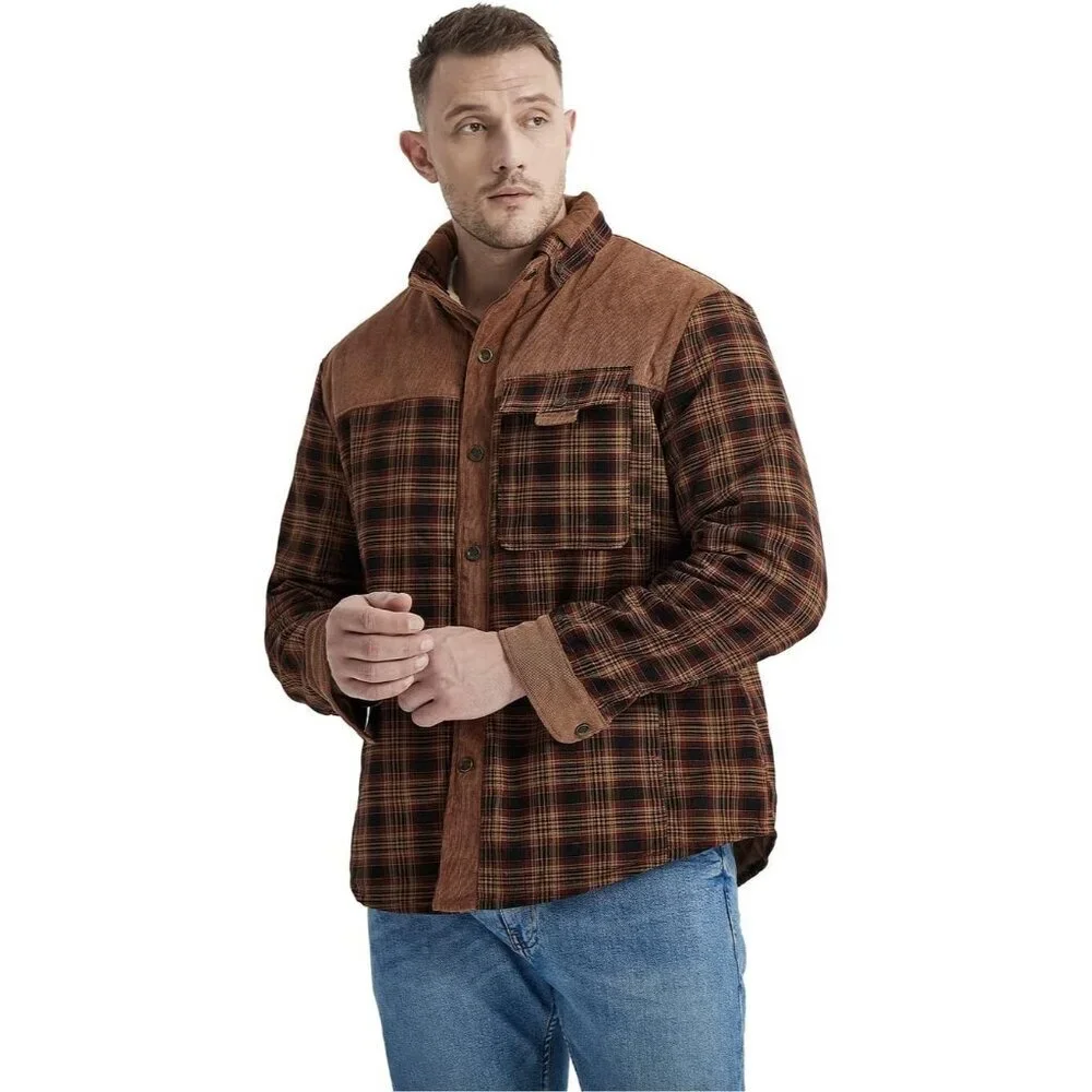 Men's Red Coffee Long Sleeve Sherpa Lined Flannel Shirt Jacket Fleeces